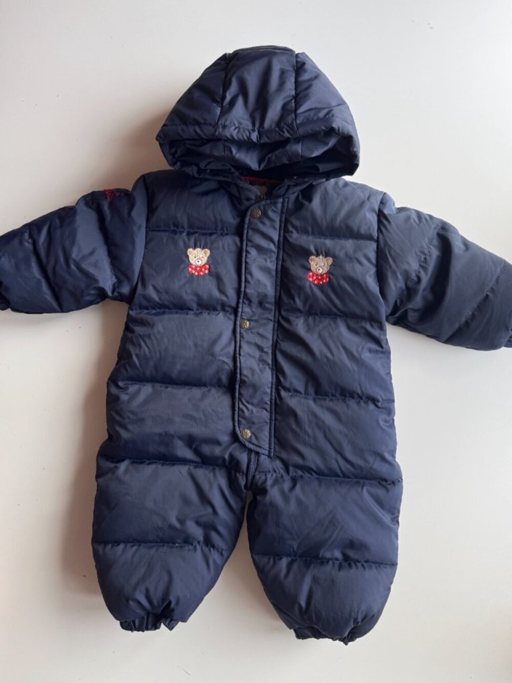 Baby JACADI Navy Funny Bear Embroidered Nylon Down Filled Snowsuit, Size 18M